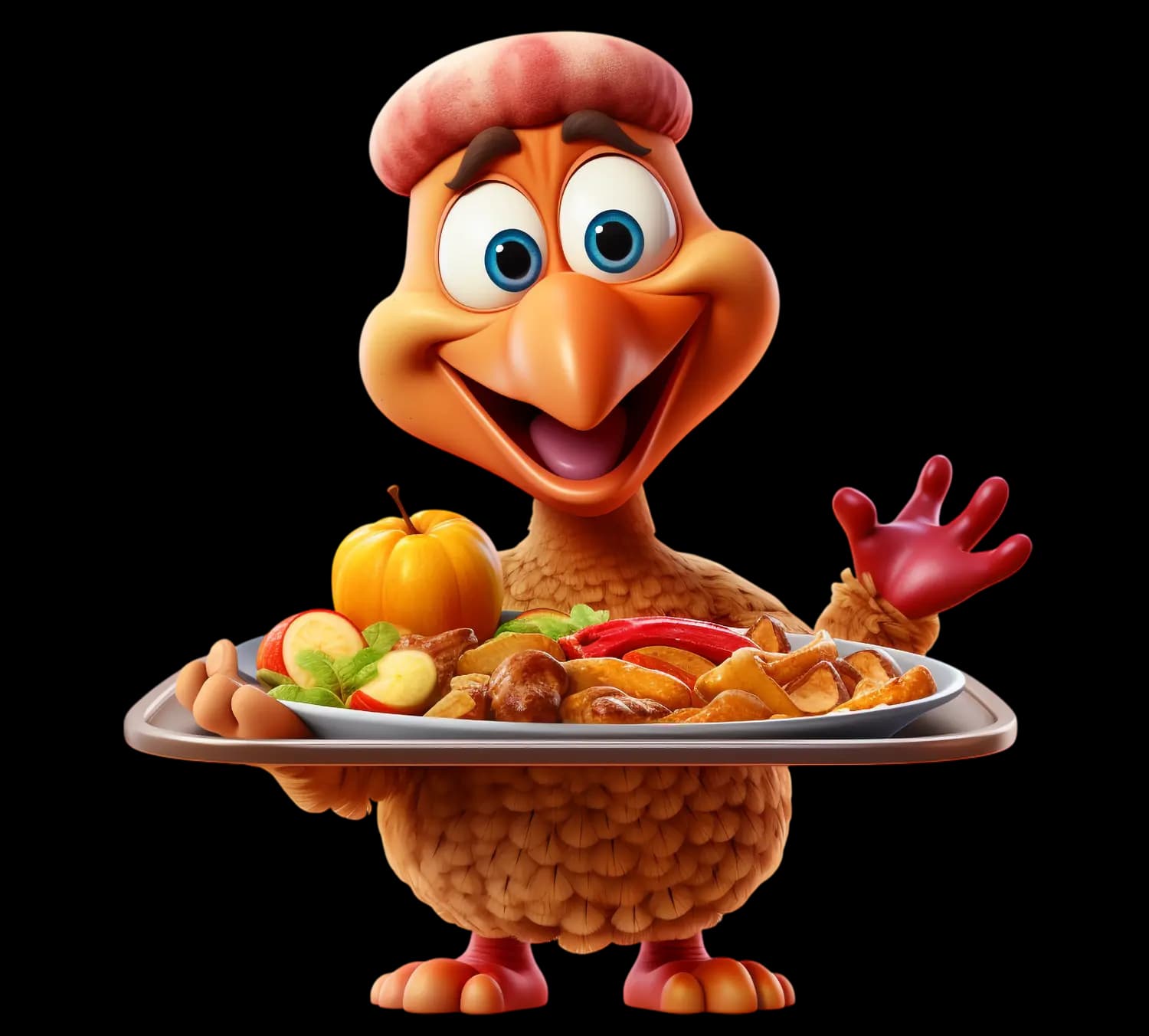 A chicken holding a plate of food